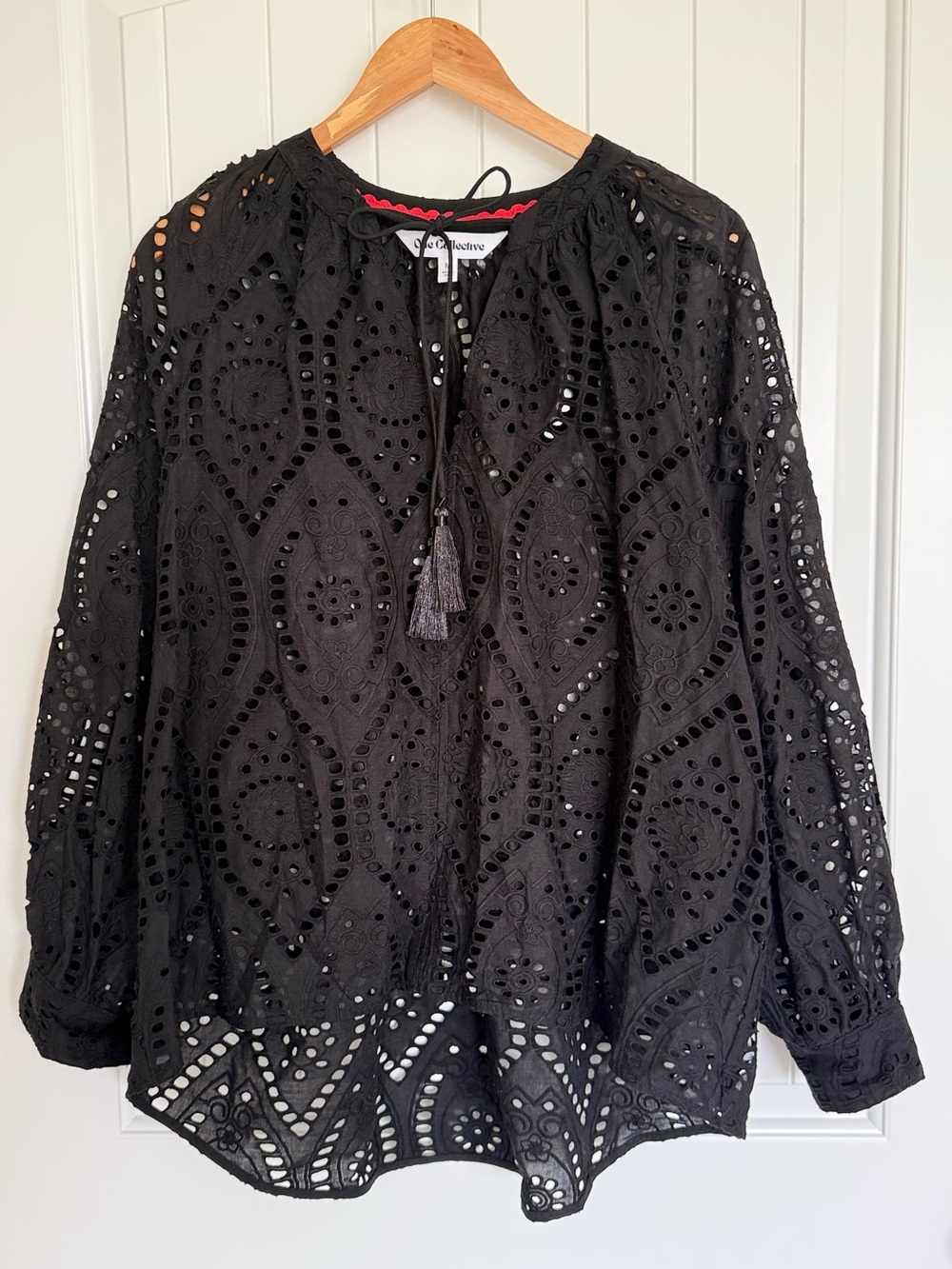 One Collective Black Eyelet Lace Boho Blouse Tassel Tie Long Sleeve Top Medium